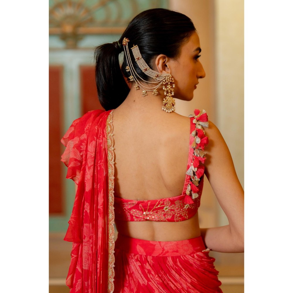 Paulmi & Harsh Red Sasha Floral Printed Pre Drape Saree with Stitched Blouse