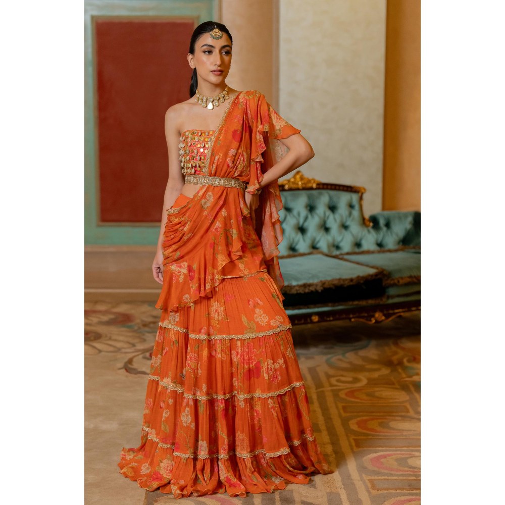 Paulmi & Harsh Rust Zaisha Pre Drape Saree with Stitched Blouse and Belt