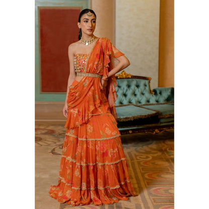 Paulmi & Harsh Rust Zaisha Pre Drape Saree with Stitched Blouse and Belt