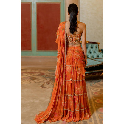 Paulmi & Harsh Rust Zaisha Pre Drape Saree with Stitched Blouse and Belt
