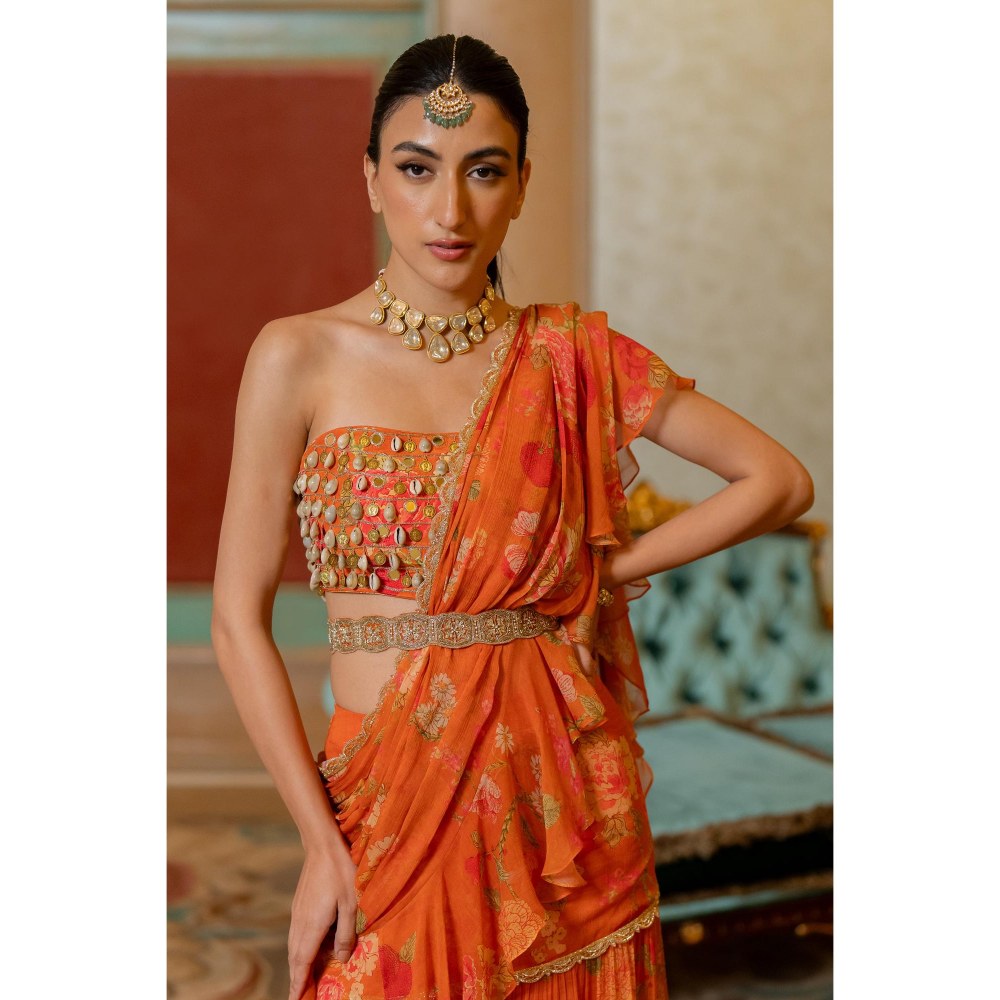 Paulmi & Harsh Rust Zaisha Pre Drape Saree with Stitched Blouse and Belt