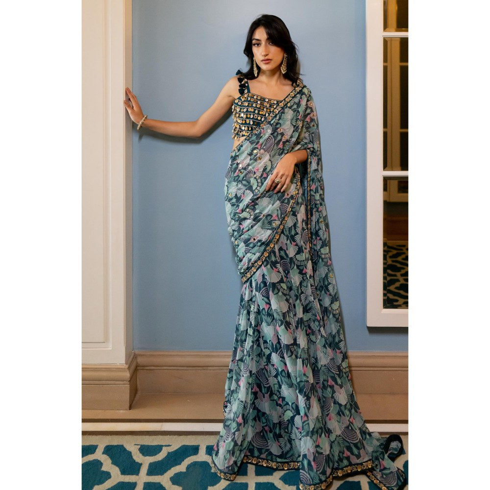Paulmi & Harsh Turquoise Printed Pre Drape Saree with Stitched Blouse