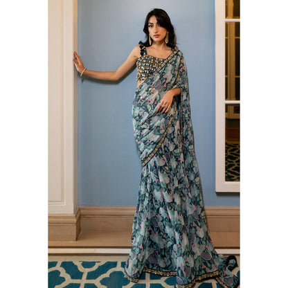 Paulmi & Harsh Turquoise Printed Pre Drape Saree with Stitched Blouse