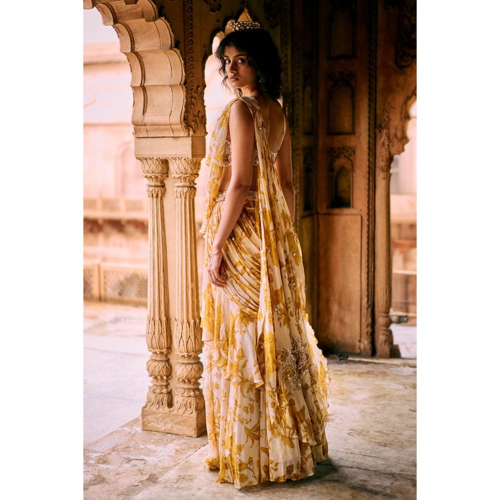 Paulmi & Harsh Yellow Ayla Pre Drape Saree with Stitched Blouse and Belt