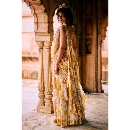 Paulmi & Harsh Yellow Ayla Pre Drape Saree with Stitched Blouse and Belt