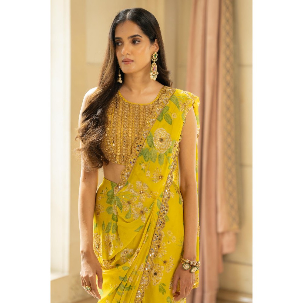 Paulmi & Harsh Yellow Printed Pre Drape Saree with Stitched Blouse