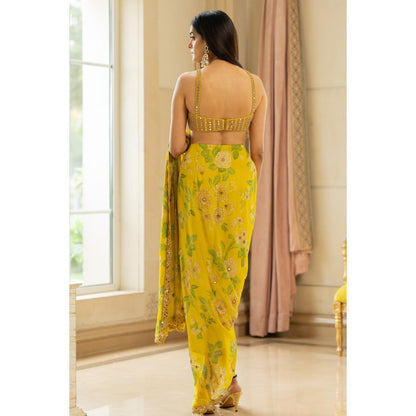 Paulmi & Harsh Yellow Printed Pre Drape Saree with Stitched Blouse