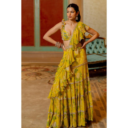 Paulmi & Harsh Yellow Pre Drape Saree with Stitched Blouse and Belt