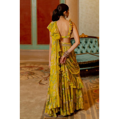 Paulmi & Harsh Yellow Pre Drape Saree with Stitched Blouse and Belt