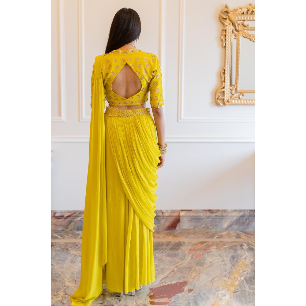 Paulmi & Harsh Yellow Kellie Pre Drape Saree with Stitched Blouse and Belt