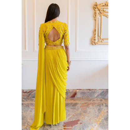 Paulmi & Harsh Yellow Kellie Pre Drape Saree with Stitched Blouse and Belt
