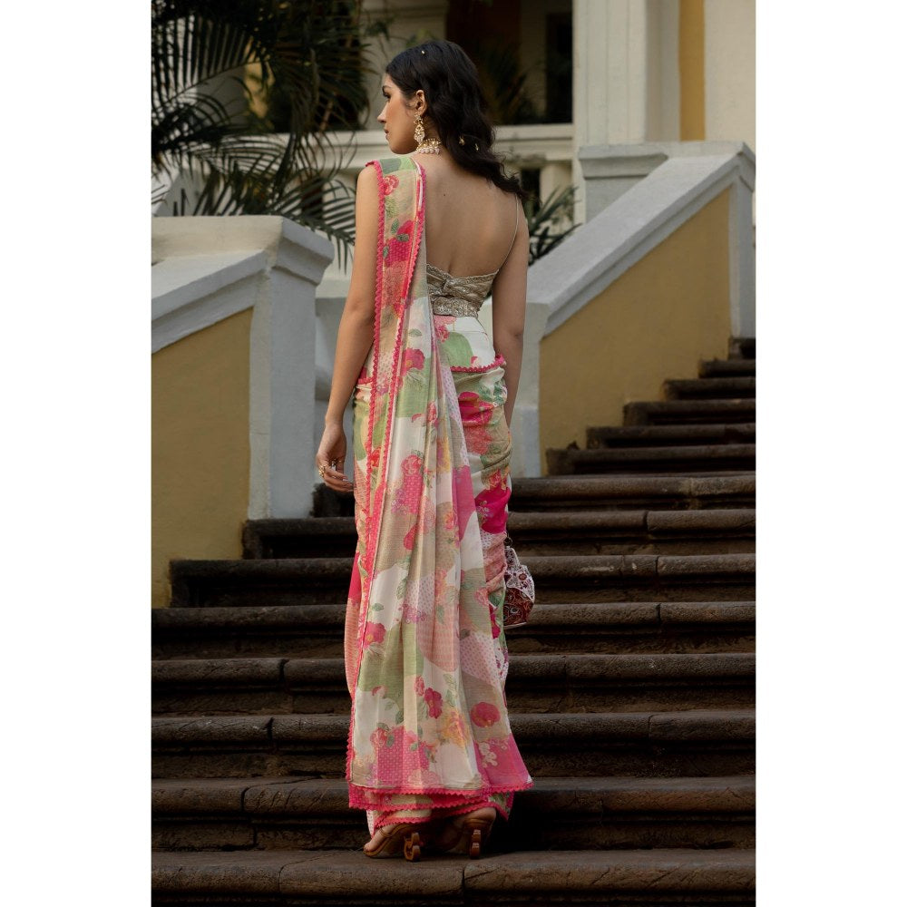 Paulmi & Harsh Pink Julia Floral Printed Pre Drape Saree with Stitched Blouse