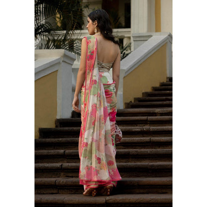 Paulmi & Harsh Pink Julia Floral Printed Pre Drape Saree with Stitched Blouse