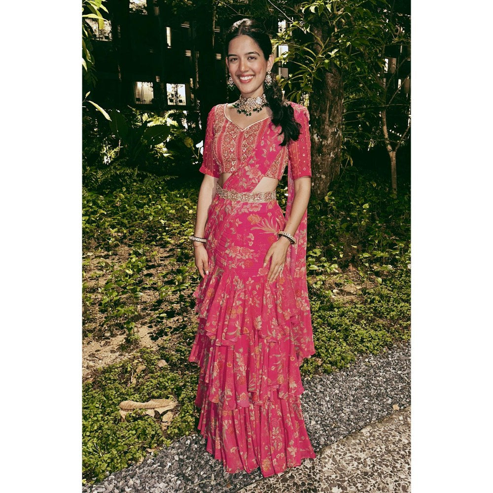 Paulmi & Harsh Pink Printed Pre Drape Saree with Stitched Blouse and Belt
