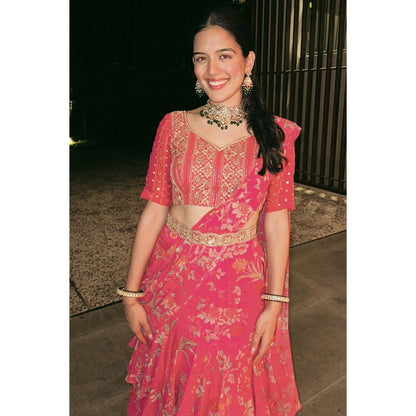 Paulmi & Harsh Pink Printed Pre Drape Saree with Stitched Blouse and Belt