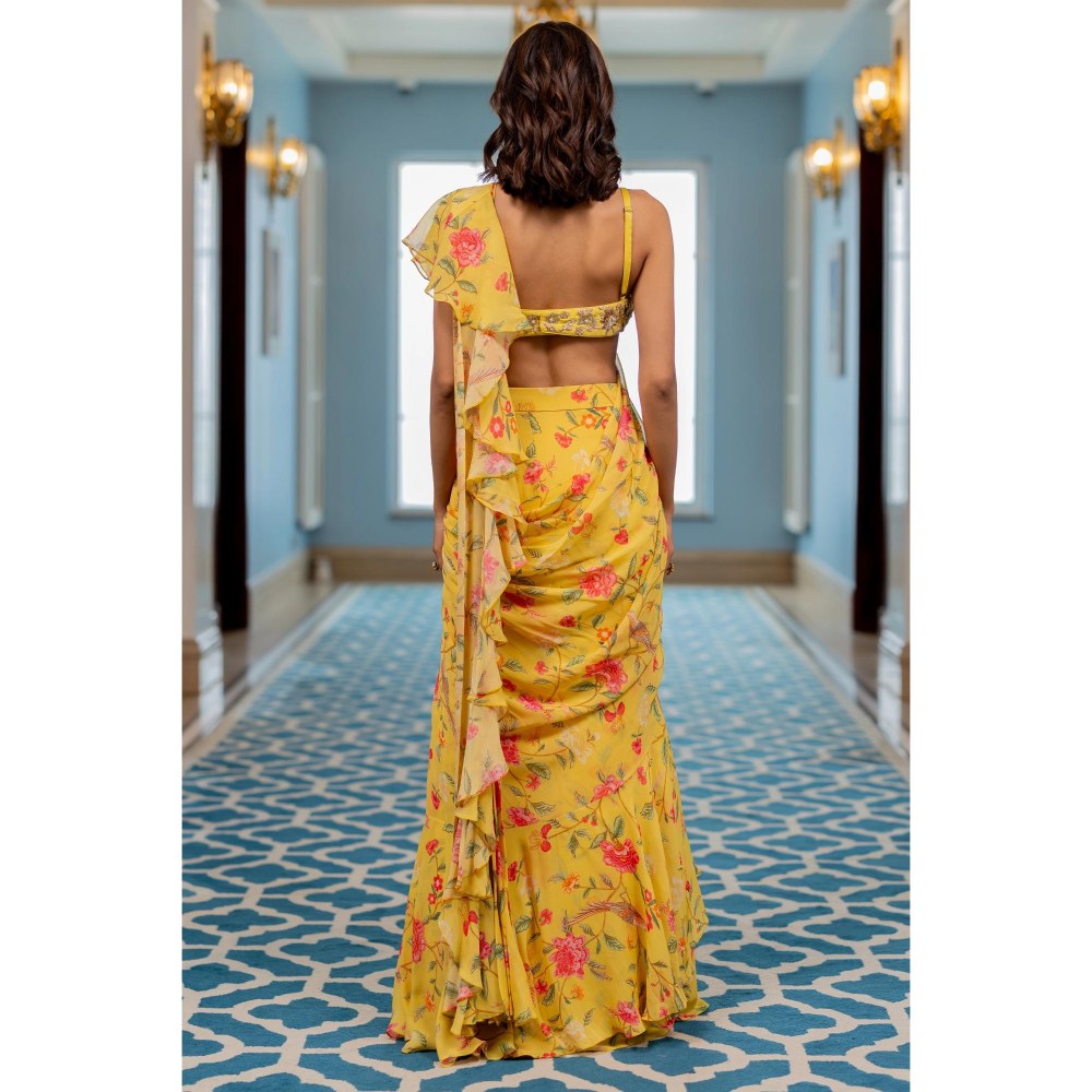 Paulmi & Harsh Yellow Printed Pre Drape Saree with Stitched Blouse