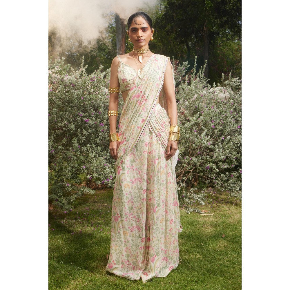 Paulmi & Harsh Ivory Printed Pre Drape Saree with Stitched Blouse