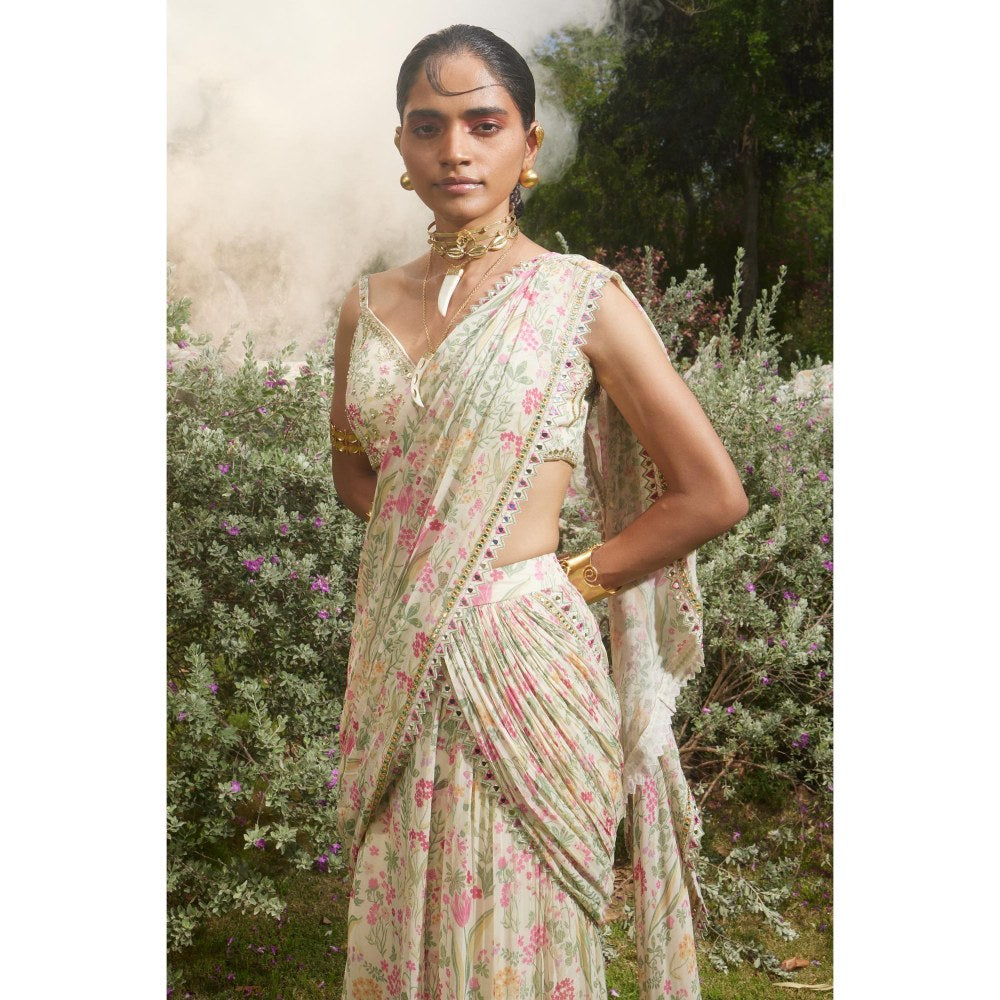 Paulmi & Harsh Ivory Printed Pre Drape Saree with Stitched Blouse