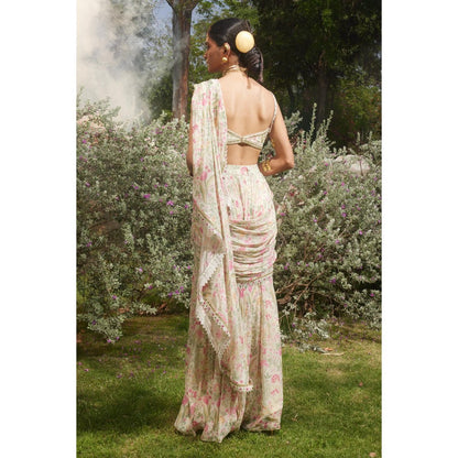 Paulmi & Harsh Ivory Printed Pre Drape Saree with Stitched Blouse