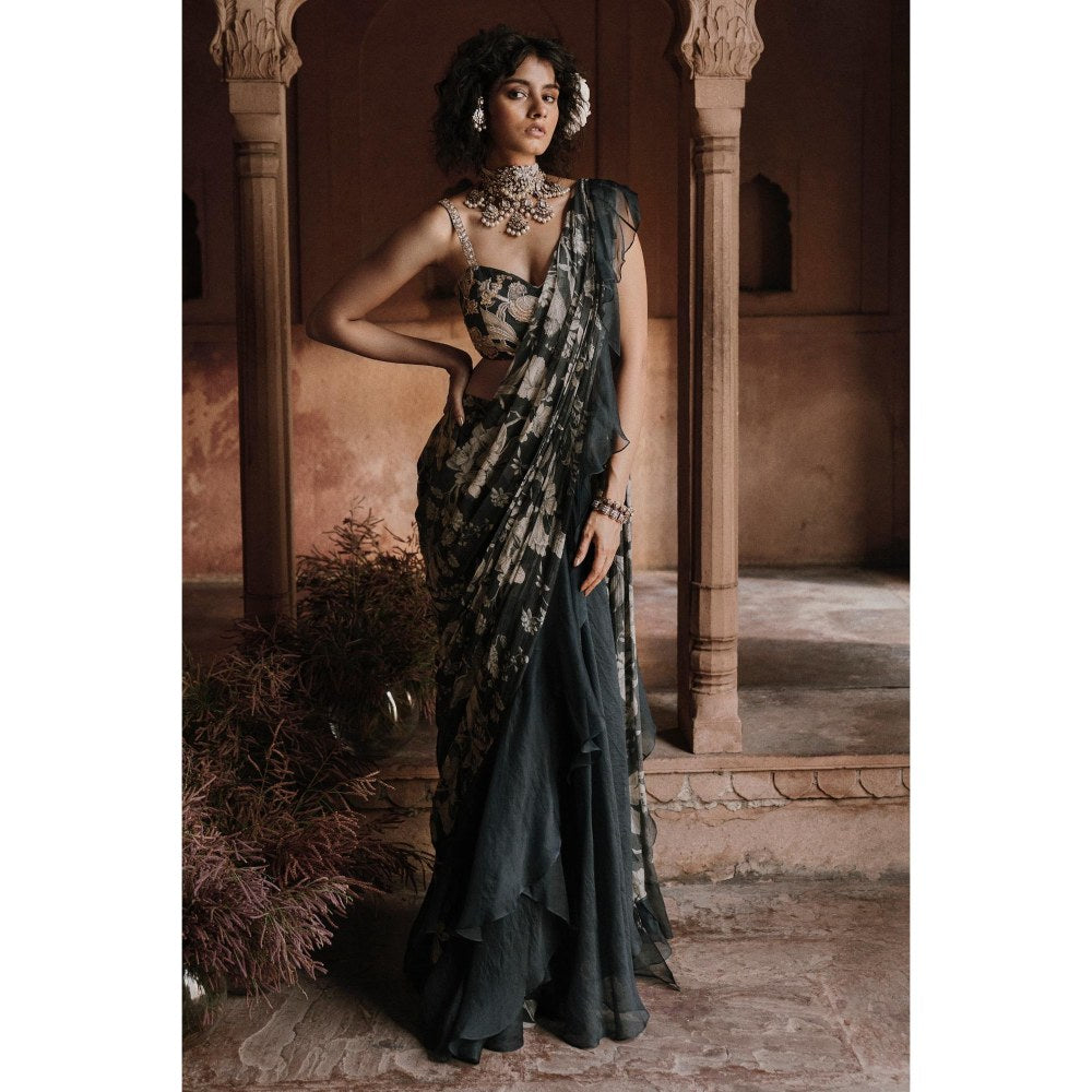 Paulmi & Harsh Navy Blue Printed Pre Drape Saree with Stitched Blouse