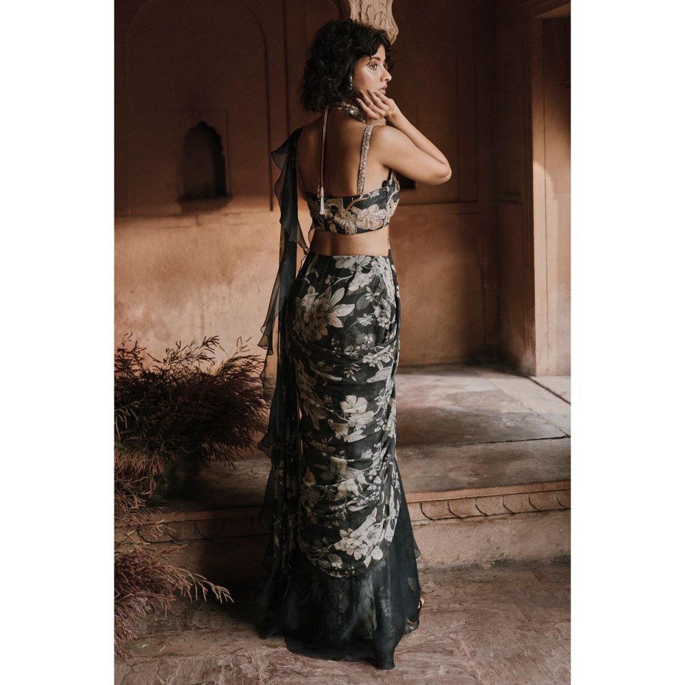 Paulmi & Harsh Navy Blue Printed Pre Drape Saree with Stitched Blouse