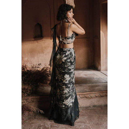 Paulmi & Harsh Navy Blue Printed Pre Drape Saree with Stitched Blouse