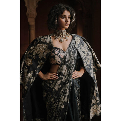 Paulmi & Harsh Navy Blue Printed Pre Drape Saree with Stitched Blouse