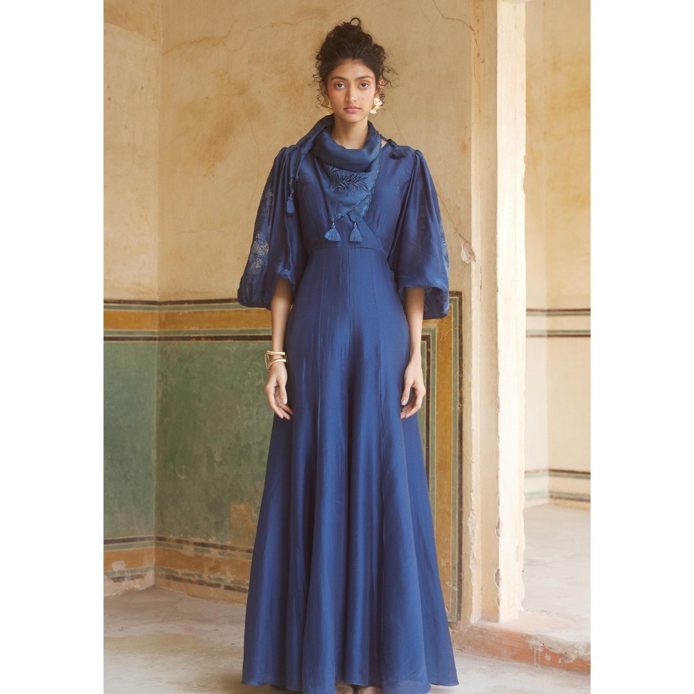 Paulmi & Harsh Blue Dahlia Jumpsuit with Scarf