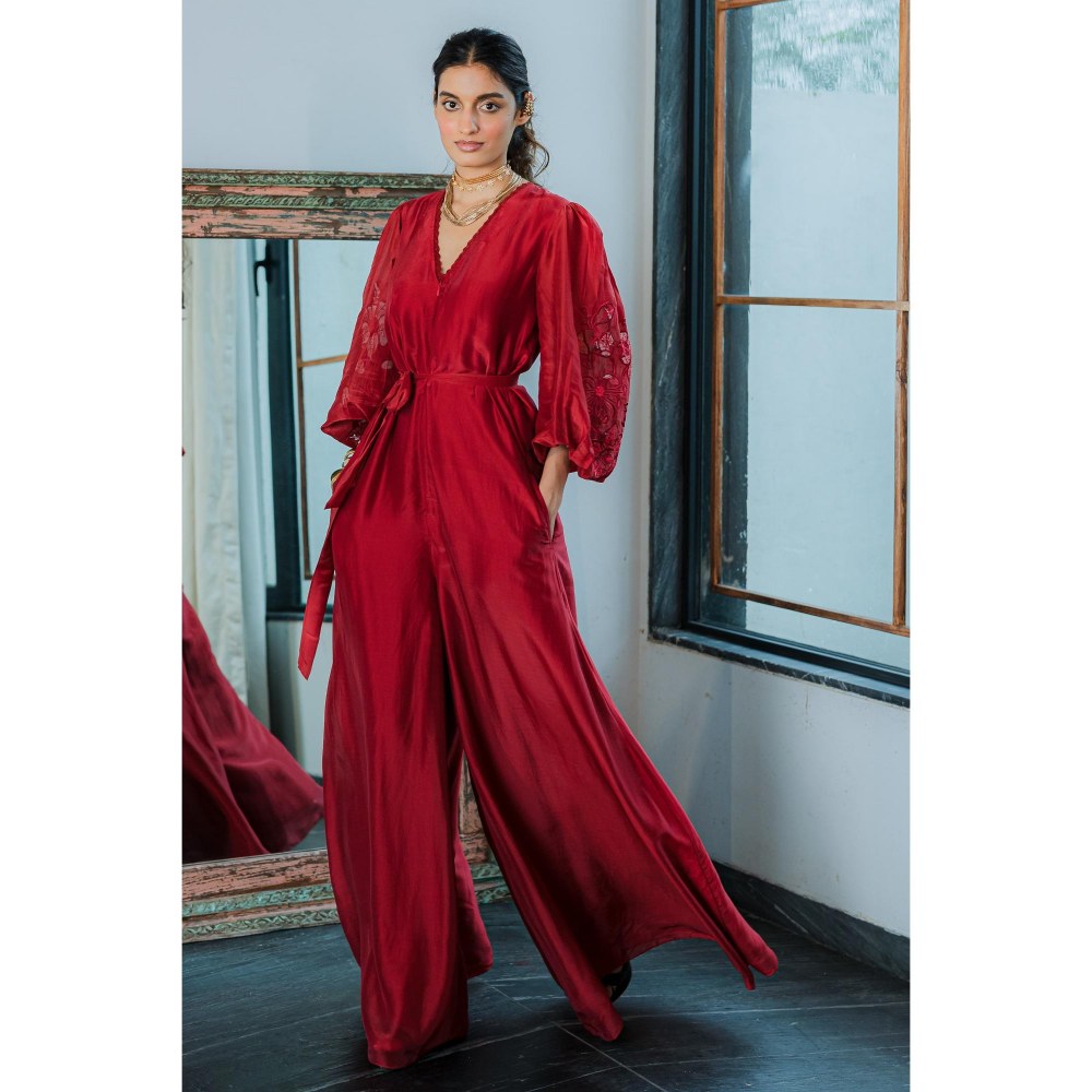 Paulmi & Harsh Red Dahlia Embroidered Jumpsuit