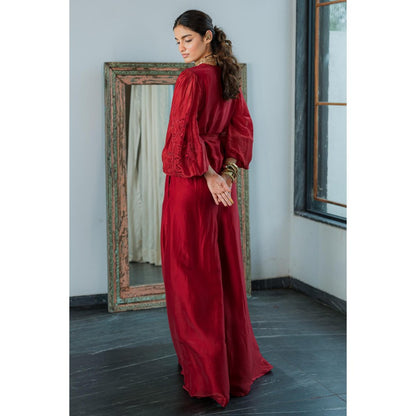 Paulmi & Harsh Red Dahlia Embroidered Jumpsuit