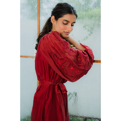 Paulmi & Harsh Red Dahlia Embroidered Jumpsuit