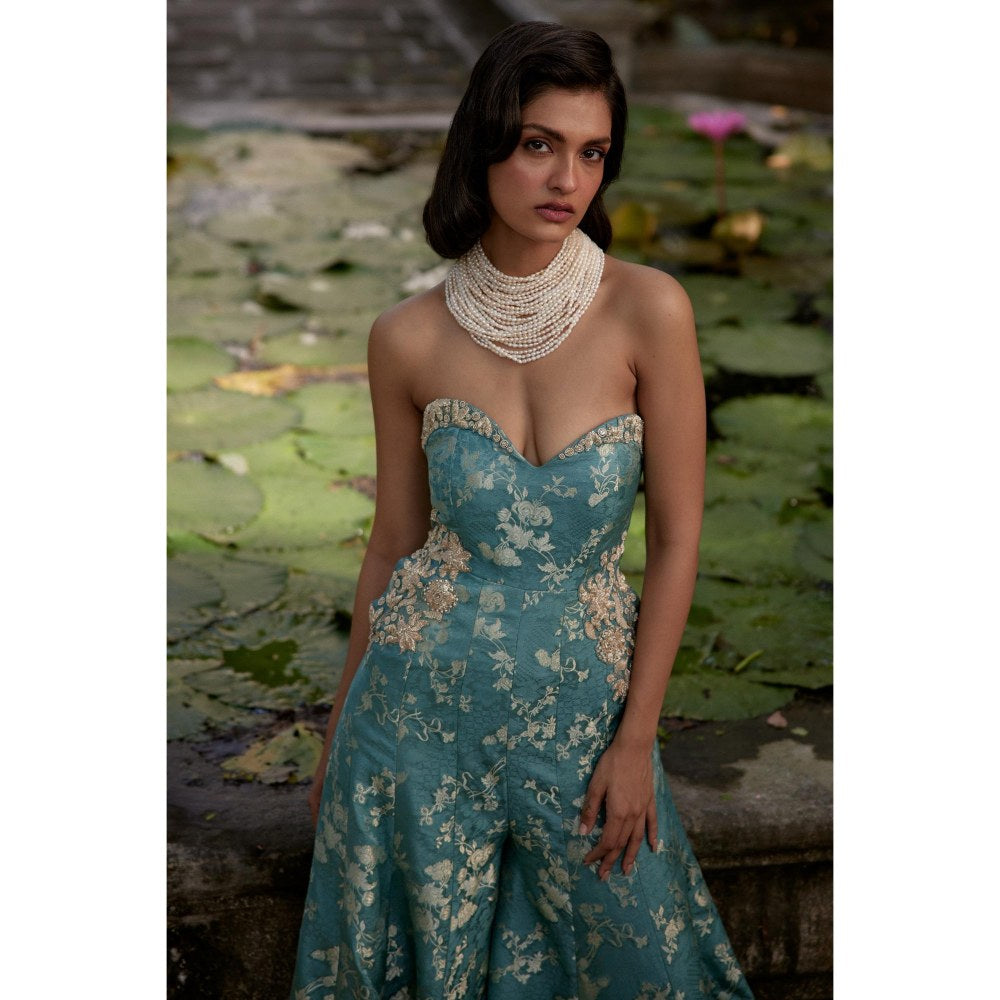 Paulmi & Harsh Blue Pearl Embroidered Jumpsuit