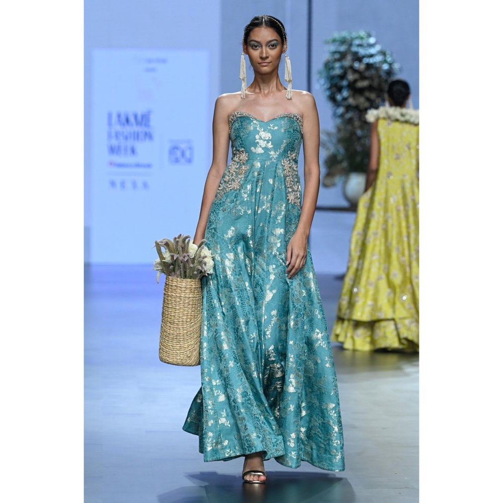 Paulmi & Harsh Blue Pearl Embroidered Jumpsuit