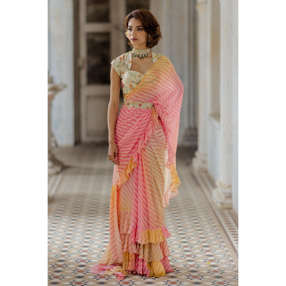 Paulmi & Harsh Amina Multi-Color Pre-Draped Saree with Stitched Blouse and Belt
