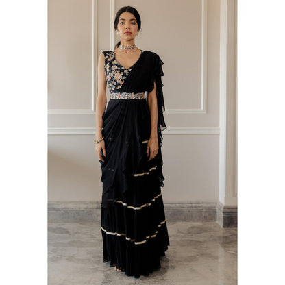 Paulmi & Harsh Aida Black Pre-Draped Saree with Stitched Blouse