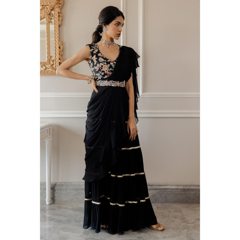 Paulmi & Harsh Aida Black Pre-Draped Saree with Stitched Blouse