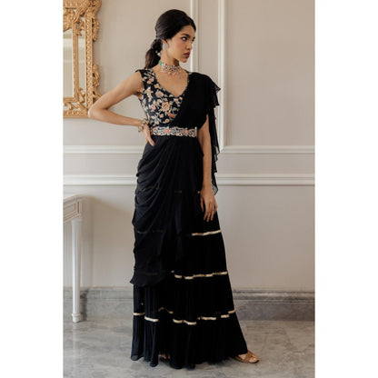 Paulmi & Harsh Aida Black Pre-Draped Saree with Stitched Blouse