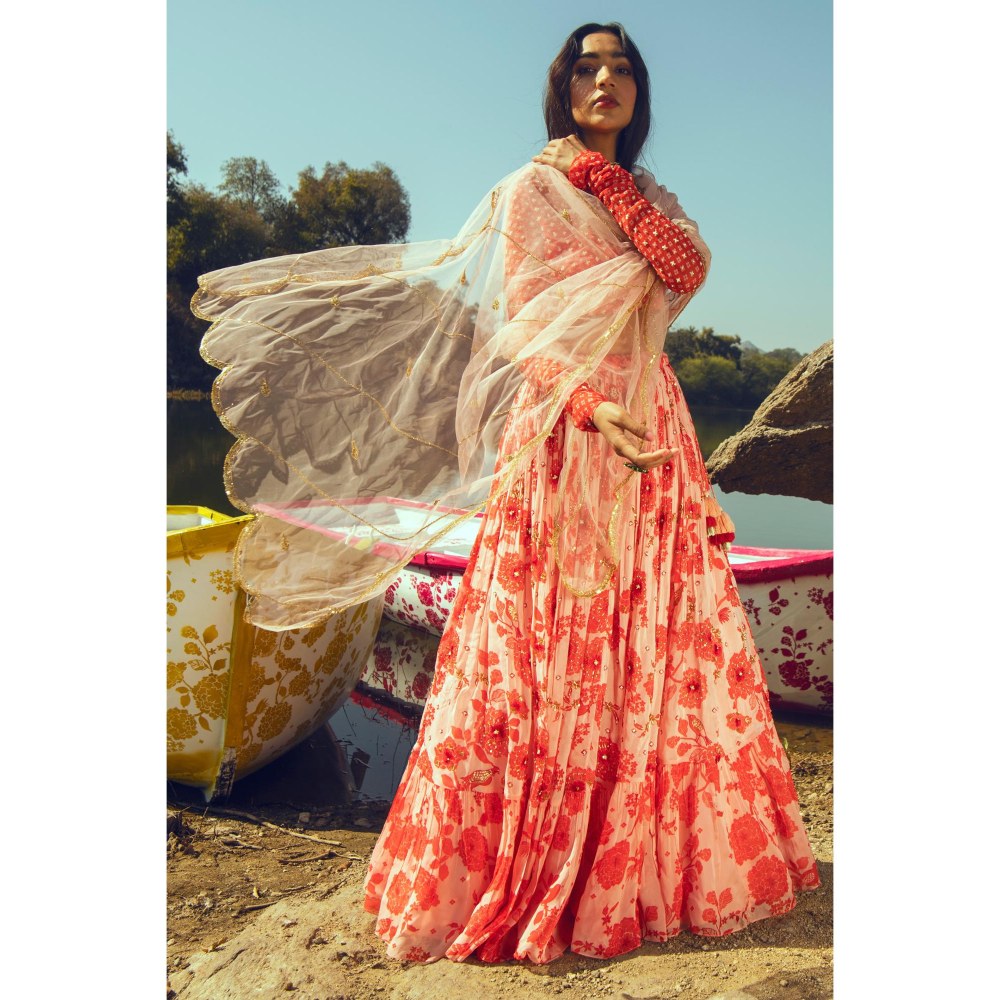 Paulmi & Harsh Nadya Red Lehenga with Stitched Blouse and Dupatta