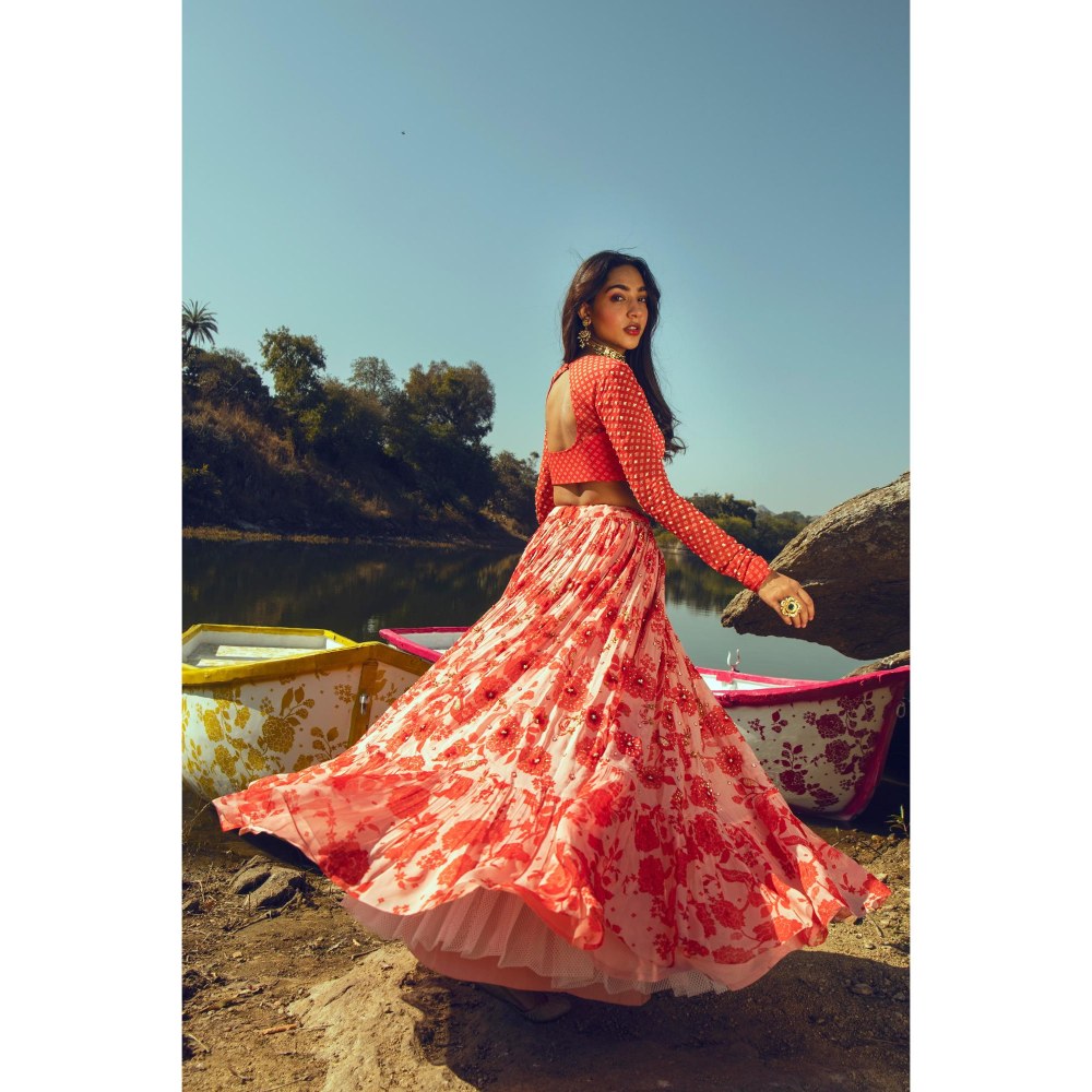 Paulmi & Harsh Nadya Red Lehenga with Stitched Blouse and Dupatta