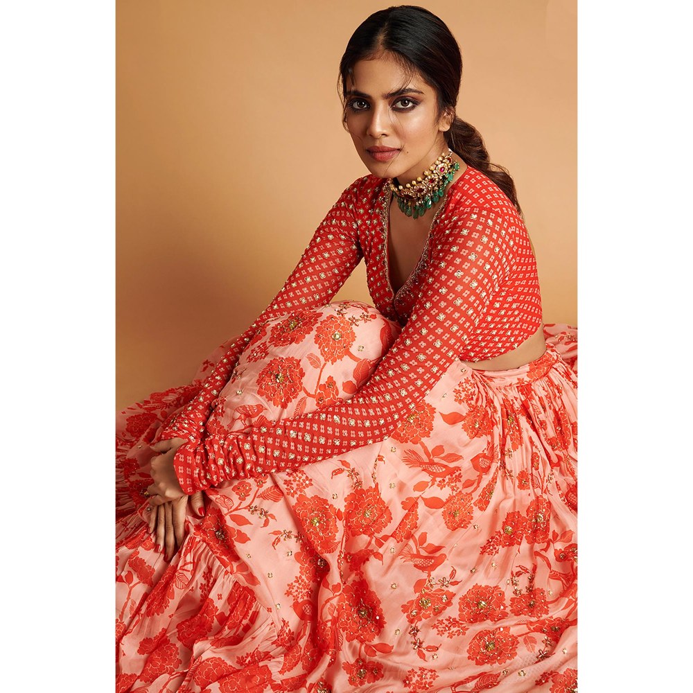 Paulmi & Harsh Nadya Red Lehenga with Stitched Blouse and Dupatta