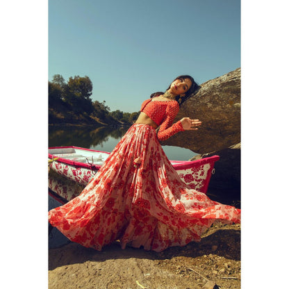 Paulmi & Harsh Nadya Red Lehenga with Stitched Blouse and Dupatta