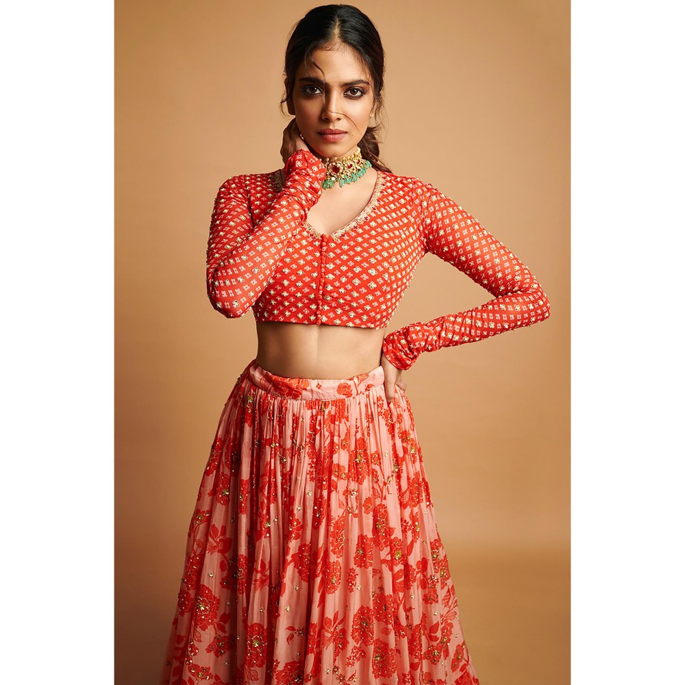 Paulmi & Harsh Nadya Red Lehenga with Stitched Blouse and Dupatta