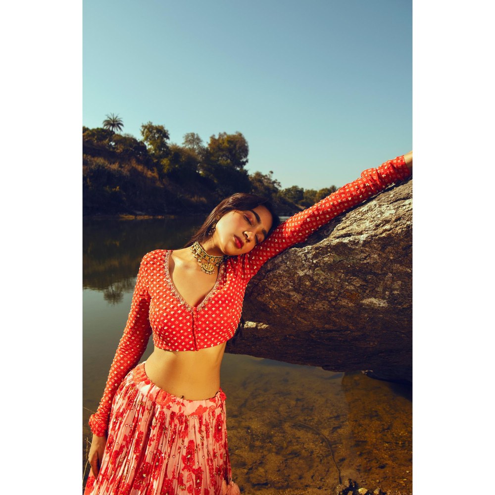 Paulmi & Harsh Nadya Red Lehenga with Stitched Blouse and Dupatta