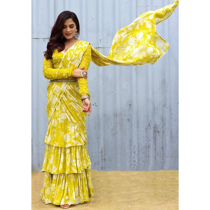 Paulmi & Harsh Nevra Yellow Saree with Stitched Blouse