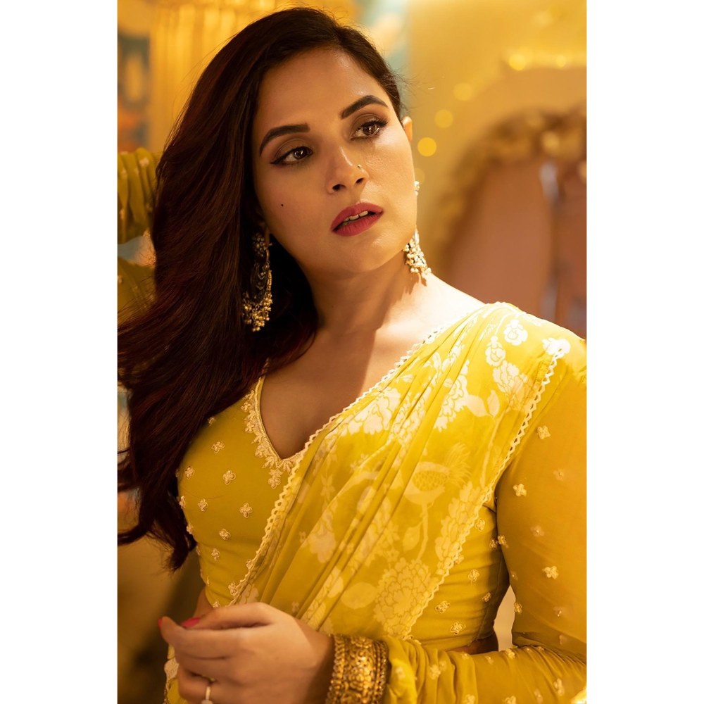 Paulmi & Harsh Nevra Yellow Saree with Stitched Blouse