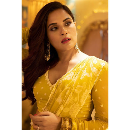 Paulmi & Harsh Nevra Yellow Saree with Stitched Blouse