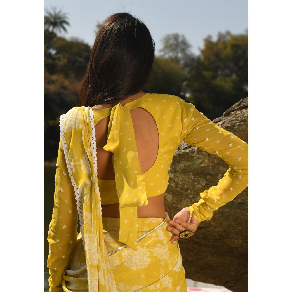 Paulmi & Harsh Nevra Yellow Saree with Stitched Blouse