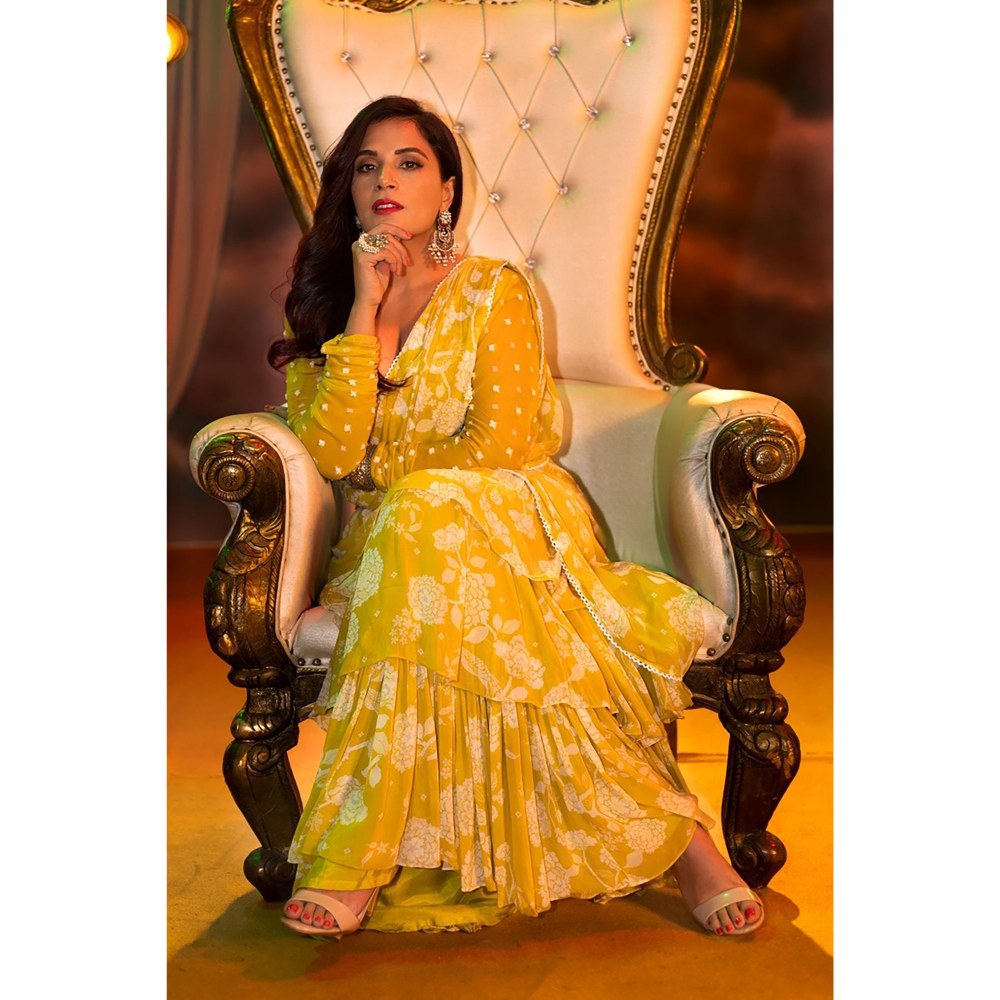 Paulmi & Harsh Nevra Yellow Saree with Stitched Blouse