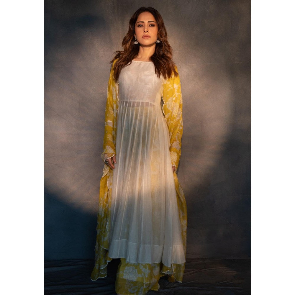 Paulmi & Harsh Off White Nushratt In The Liva Anarkali Kurta with Sharara and Dupatta