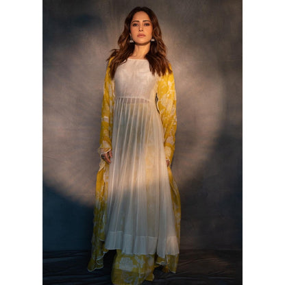 Paulmi & Harsh Off White Nushratt In The Liva Anarkali Kurta with Sharara and Dupatta